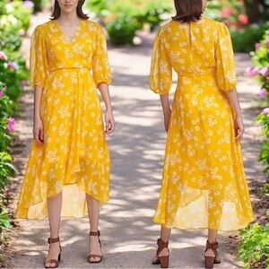 NEW Calvin Klein Yellow Floral Printed V-Neck Hi-Low Midi Dress Size 22W